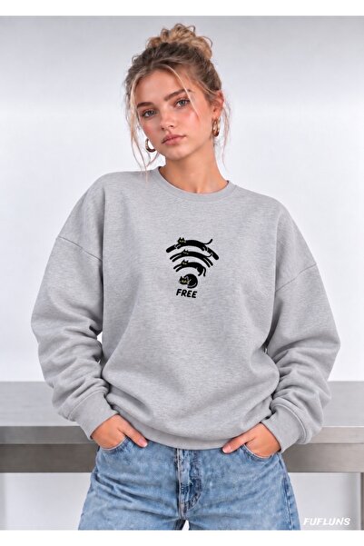 FUFLUNS Free Cat Printed Oversized Women's Crewneck Sweatshirt