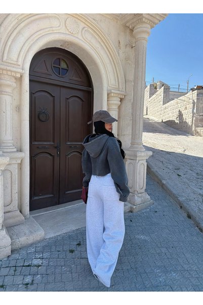 kırmızı butiks Gray Folded Waist Wide Leg Sweatpants