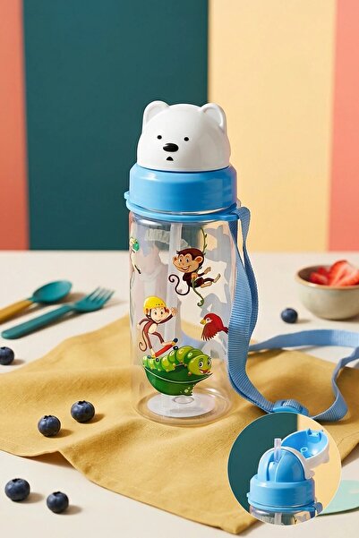 NESS HOME 400 ml Teddy Bear Leak-Proof Children's Water Bottle with Strap and...