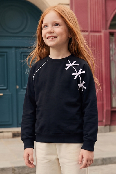 Fulla Moda Bowknot Embroidered Ribbed Crew Neck Girls' Sweatshirt