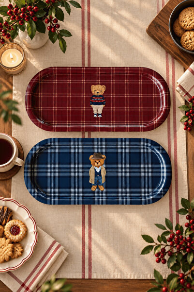 Sarkap Home 16x35 cm 2'li Oval Sunumluk Tepsi Seti Yılbaşı Bordo & Lacivert T...