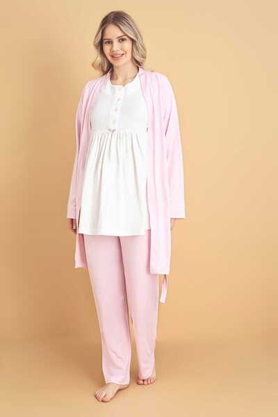 LORIAN'S Doğal Pamuklu Pembe Kısa Kollu Lohusa Pijama Takımı 3'Lü Set - % 100 Cotton