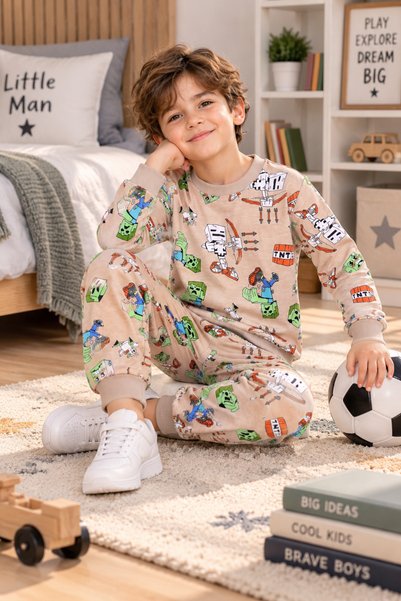 NEWKİDS Boys' Suit 2-Thread Shardooned Seasonal Set with Sleeves and Cuffs, Detailing Tmt Printed Children's Suit