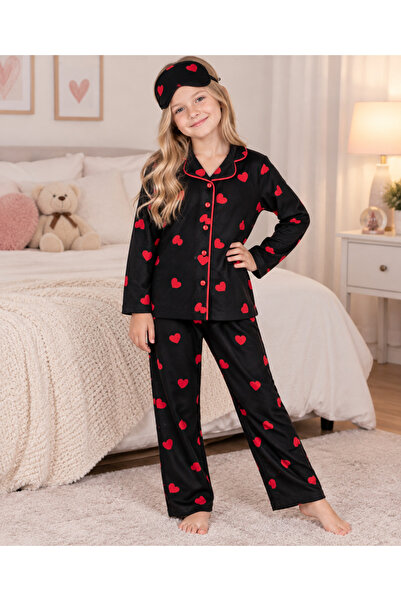zahider Girl's Cotton Buttoned Heart Patterned Long Sleeve Suede Pajama Set