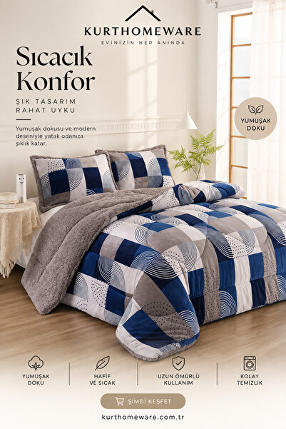 Genel Markalar Kurthomeware Comforter Set Çift Kişilik 3 Parça 220x240 cm Mavi Gri Desenli – 2 Adet 50x70 cm Yastık Kılıfı