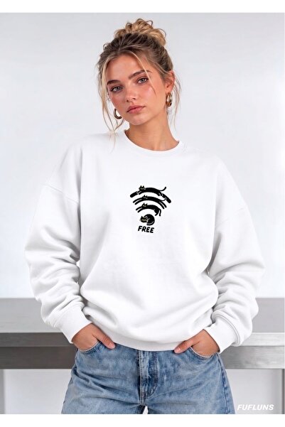 FUFLUNS Free Cat Printed Oversized Women's Crewneck Sweatshirt