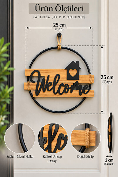 Mim Life Dekoratif Welcome Kapı Süsü 25 cm – Ahşap Metal Yuvarlak Hoş Geldiniz Yazılı Ev ve Dış Kapı Dekoru