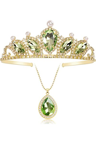 TERRIFI Princess Tiara and Crown Necklace Set, Green Crystal Adjustable Metal...