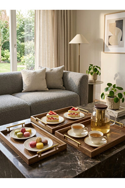 Generic طقم صواني تقديم مستطيلة خشبي بمقابض فضي بتصميم أنيق وعصري