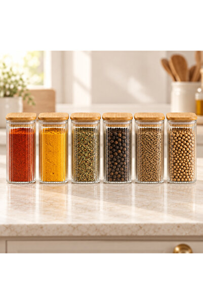 Queen’s Kitchen طقم 6 قطع من برطمانات توابل زجاجية مربعة الشكل بغطاء من الخيز...