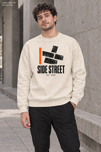 caddekombin Men's Side Street Lettered and Orange Line Detailed Crew Neck Cas...