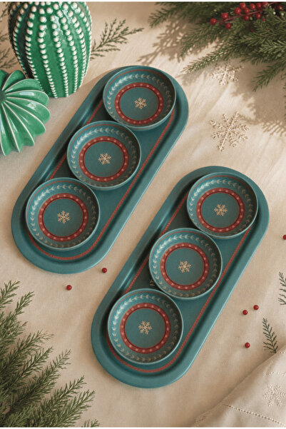 Sarkap Home 16x35 cm 2'li Oval Tepsi 10x3,2 cm 6'lı Çerezlik Seti Yılbaşı Yeş...