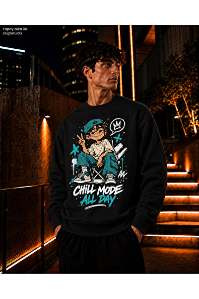 caddekombin Men's Turquoise and Black Chill Mode Written Crew Neck Casual Reg...