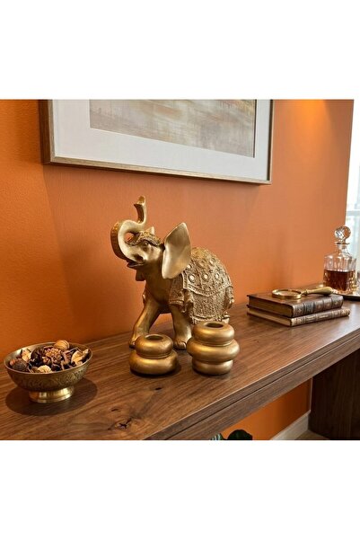Taş Tozu Dekoratif Fil Biblo ve Mumluk Seti Gold Renkli Salon Ev Dekorasyonu
