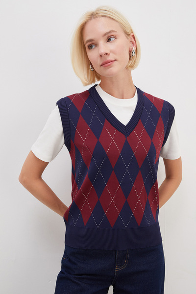 Fulla Moda Baklava Patterned V-Neck Knit Sweater