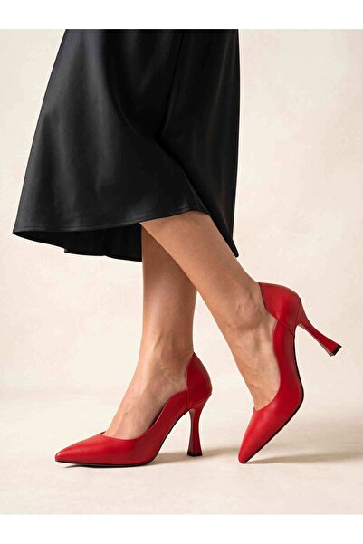 Güllü Shoes Red Matte Stiletto Curved Side Cutout Pointed Toe Thin Heeled Wom...