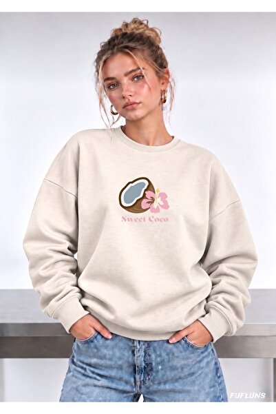 FUFLUNS Γυναικείο φούτερ με στάμπα SWEET COCO, oversized, με λαιμόκοψη ποδηλάτου