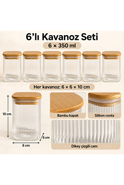 Queen’s Kitchen 6 Adet Kare Bambu Kapaklı Çizgili Cam Baharatlık Kavanoz Set 6X350ml