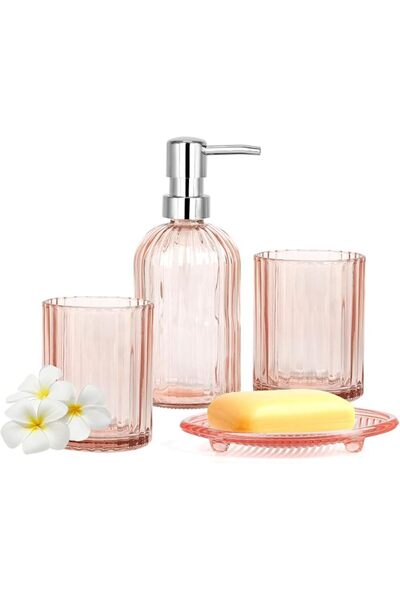 Topsky 4Pcs Pink Glass Ribbed Bathroom Accessories Set - Luxury Vanity Organi...