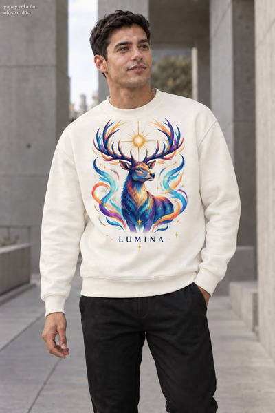 caddekombin Men's Majestic Deer Printed Crew Neck Casual Regular Fit Sweatshirt