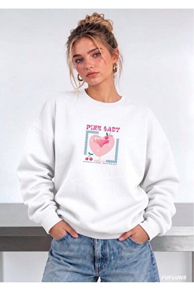 FUFLUNS PINK LADY SWEATSHIRT DE DAMĂ CU GULER ROTUND, IMPRIMAT, MĂRIME MARE