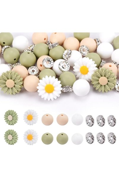 KASTWAVE 79 Pcs Green Daisy Silicone Beads, Glass Rhinestone Spacer & Loose R...