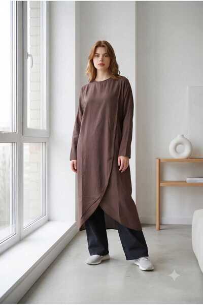 Neways 6394-Denim Parça Boya Standart Tunik Kahve