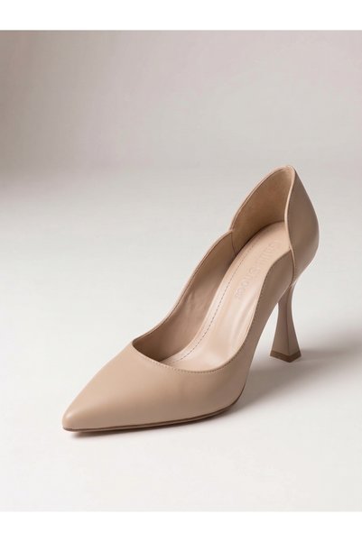 Güllü Shoes Beige Matte Stiletto Curved Side Cutout Pointed Toe Thin Heeled Women's Shoes Classic Evening Elegance