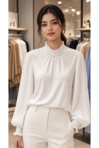 HASALL BUTİK KOLU PİLİSELİ GİPE DETAYLI YAKASI İNCİLİ ŞIK BLUZ