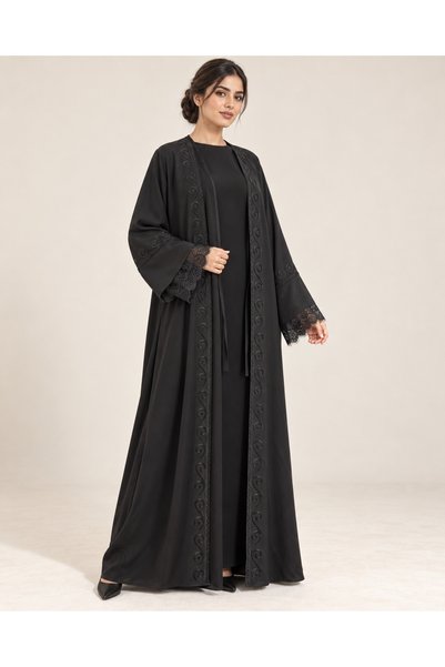 KAVALEE Black Embroidered Abaya with Lace Cuffs, Attached Innerwear & Black H...