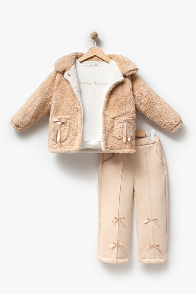 Jikko Baby Girl's Plush Jacket, T-Shirt, Bow Detail, Wide Leg Pants, 3-Piece ...
