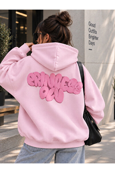 ZEMLİYA Kadın Oversize Sırt Yazı Baskılı Kapüşonlu Sweatshirt Kanguru Cepli R...