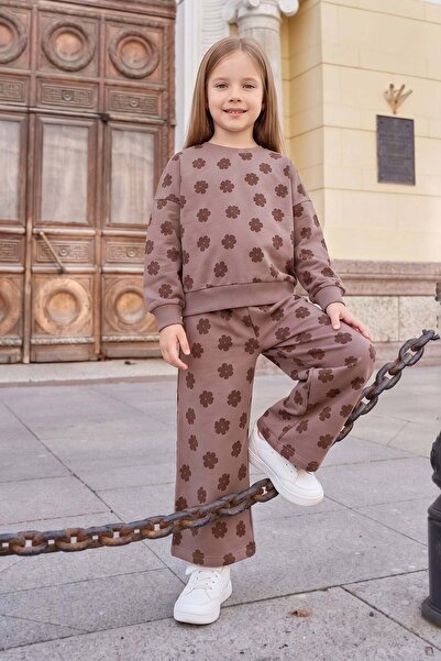 Fulla Moda Flock Flower Printed Crew Neck Girls' 2-Piece Set