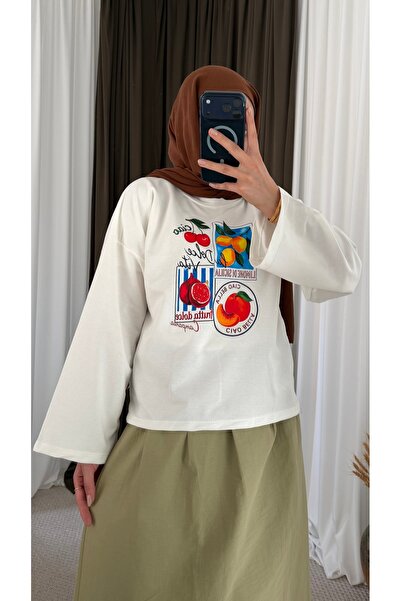 Hepsi Moda Meyve Temalı Geniş Kol Sweat - Ekru