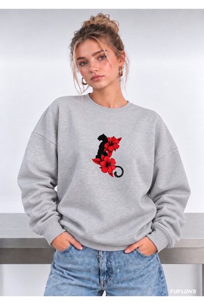 FUFLUNS Flowered Tiger Printed Oversized Women's Crewneck Sweatshirt