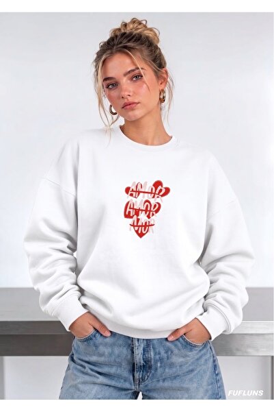 FUFLUNS Amor Heart Printed Oversized Women's Crewneck Sweatshirt