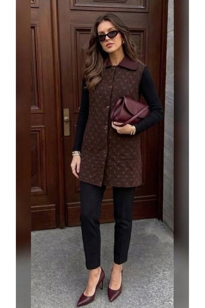 onno style women DESENLİ ÇELİK ÖRGÜ UZUN TRİKO KADIN YELEK KABAN