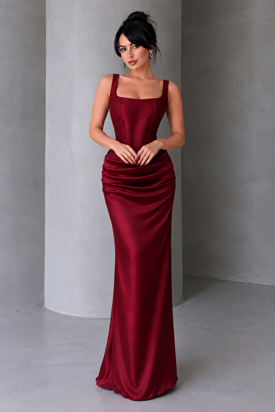 Bamah Burgundy Long Evening Dress with Corset and Waist Pleats Elegant and Cl...