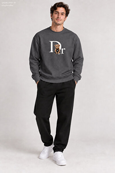 caddekombin Men's Teddy Bear Printed Crew Neck Casual Regular Fit Sweatshirt