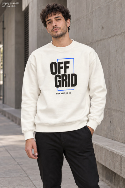 caddekombin Men's Black Off Grid Written Crew Neck Casual Regular Fit Sweatshirt