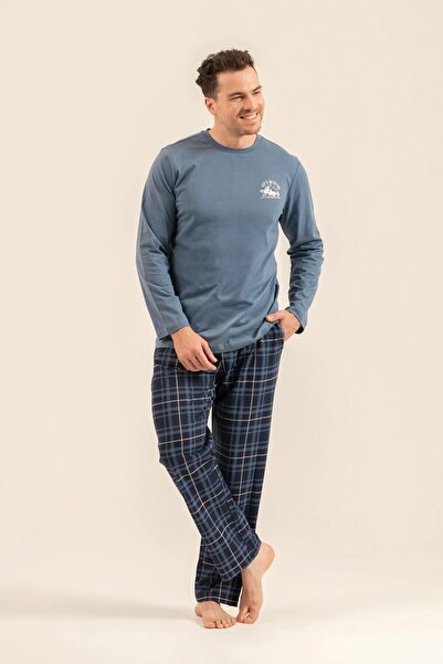YUYİ Arnetta 100% Cotton Crew Neck Long Sleeve Men's Pajama Set