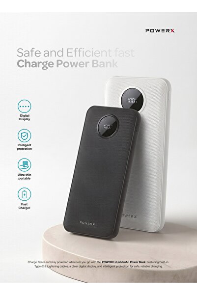 Powerx بنك طاقة محمول بسعة 10000 مللي أمبير وشحن سريع 22.5 واط - مع كابلات Type-C و Lightning مدمجة، وشاشة LED رقمية (الموديل: PXPBA11)