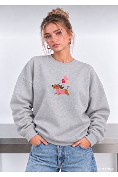 FUFLUNS Heart Balloon Printed Oversized Women's Crewneck Sweatshirt
