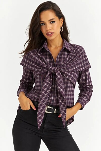 Cool & Sexy Women's Burgundy Plaid Patterned Long Sleeve Shirt with Tie Detail
