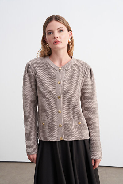 VESNA Gold Buttoned Ribbed Knit Cardigan