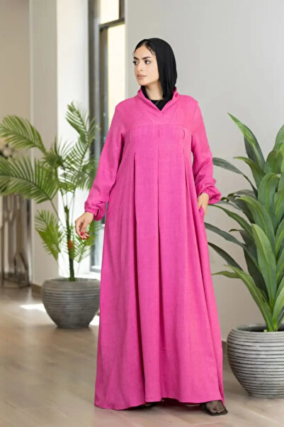 Forhunna Elegant Pink Ketan Maxi Dress with Pleated Front and Long Sleeves