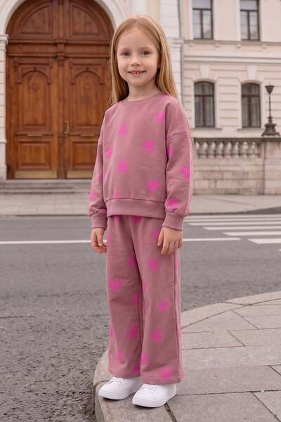 Fulla Moda Heart Printed Crew Neck Girls' 2-Piece Set