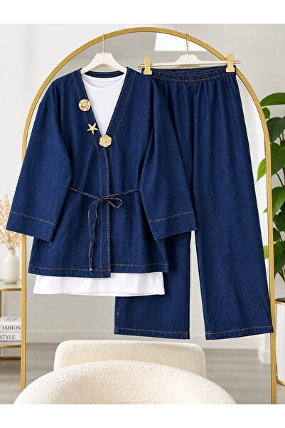 VOLT CLOTHİNG Kadın Tesettür Kuşaklı Gold Aksesuar Detaylı Kimono Takım