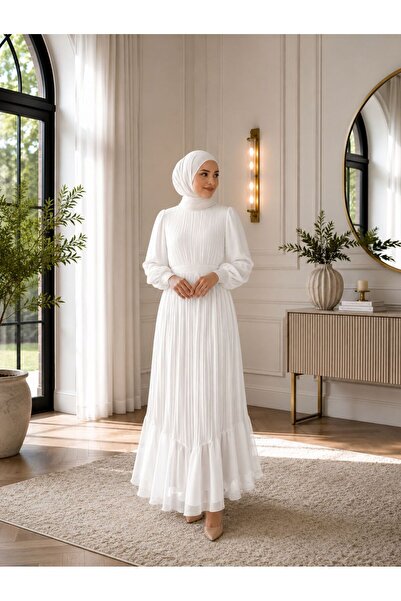 CYM Butik Pileli Şifon Tesettür Elbise