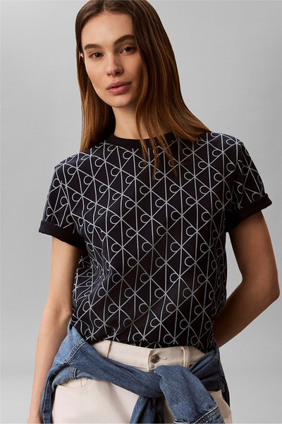 Calvin Klein Ss Classic Seasonal Aop Tee Kadın Bisiklet Yaka T-Shirt Lacivert